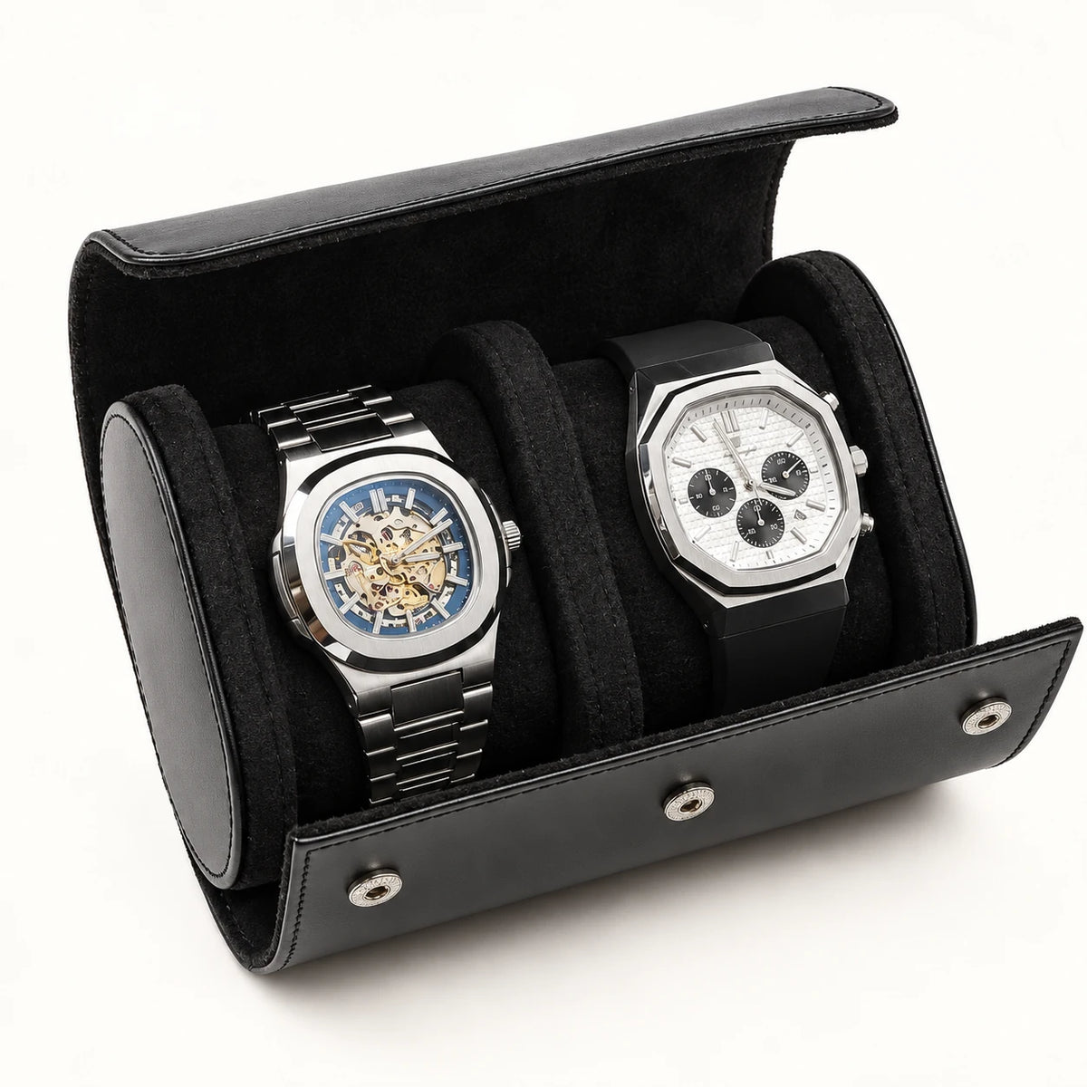 Aldenvar Leather Watch Roll, 3-watch roll, open