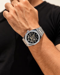 Aldenvar Octagon Skeleton 42mm, Silver, wrist close-up