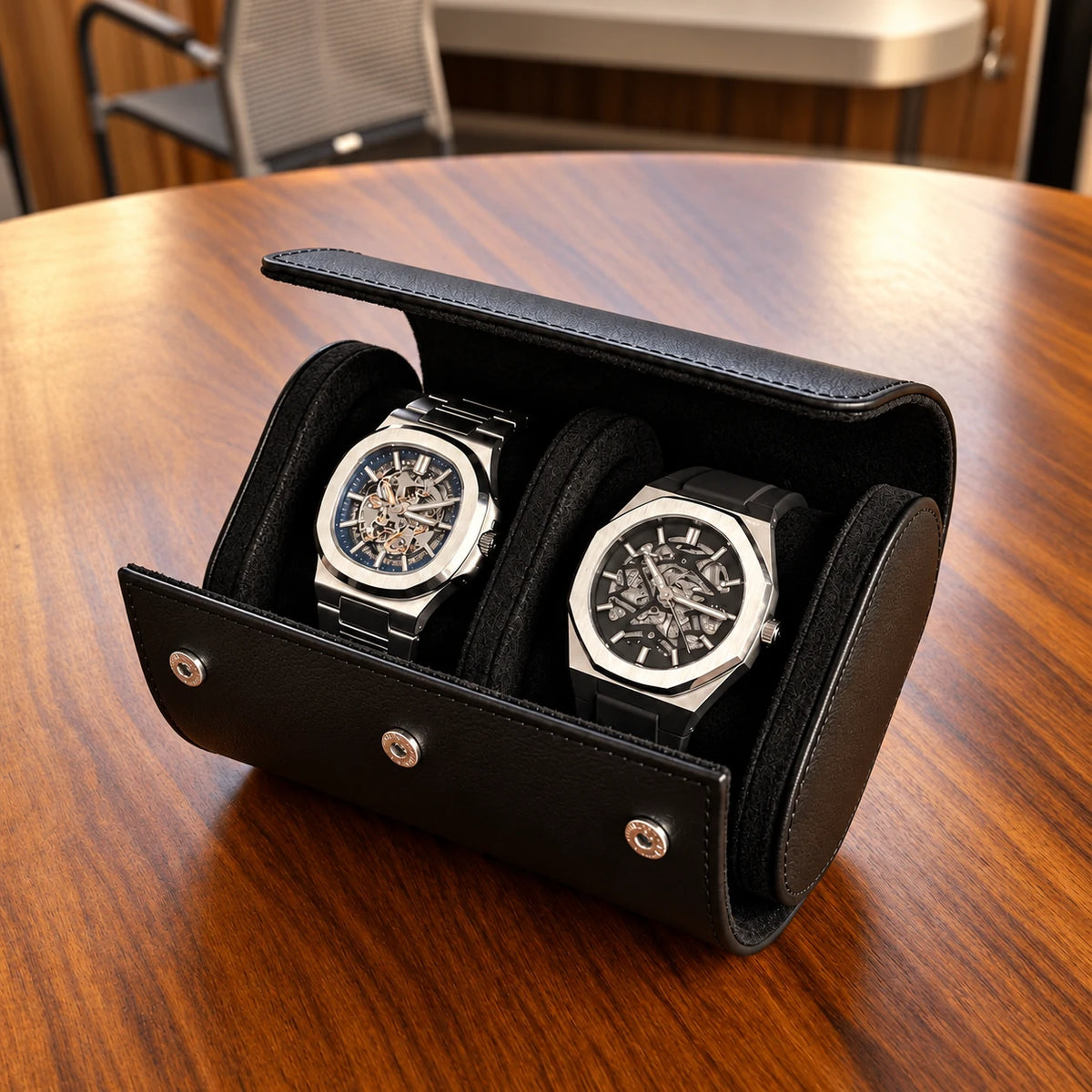 Aldenvar Leather Watch Roll, 3-watch roll on a table